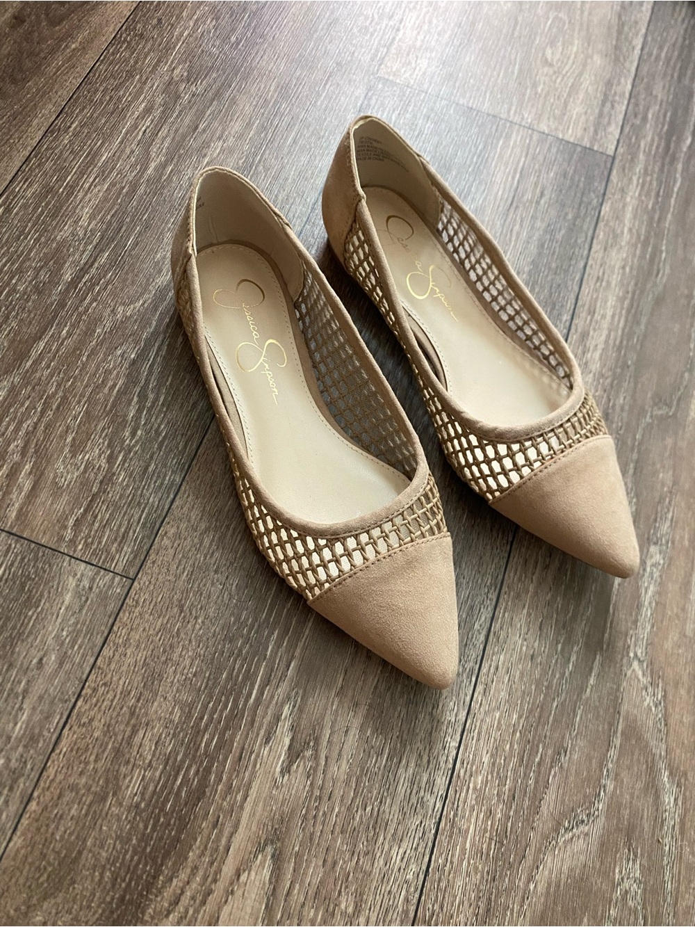 Jessica Simpson Beige Pointed-Toe Mesh Flats